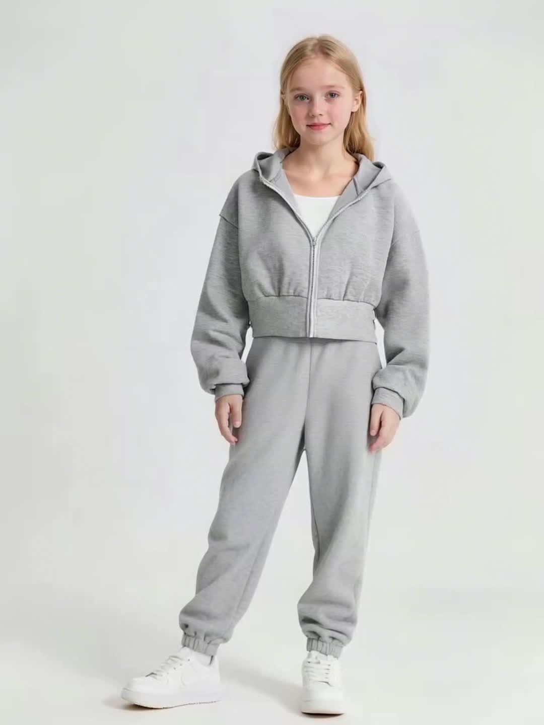 Girls' Spring and Autumn Hooded Cardigan Short Sweatshirt Jacket + White Versatile Camisole + Gray High-Waisted Wide-Leg Pants Casual Sportswear Three-Piece Set, for Outdoor, For Teenager