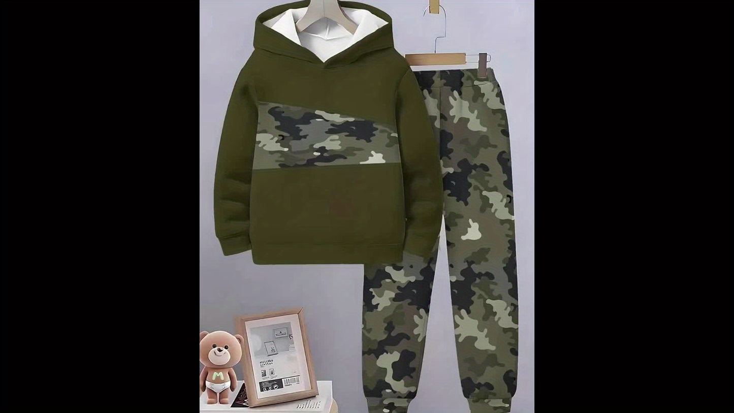 Boys' 3D Printed Camo Hoodie & Pants Set - Olive Green & Black Camouflage Long Sleeve Pullover with Kangaroo Pocket, Elastic Waistband Joggers, Perfect for Outdoor Play & Casual Wear, Fall/Winter Collection, Boy Hoodie, Playf
