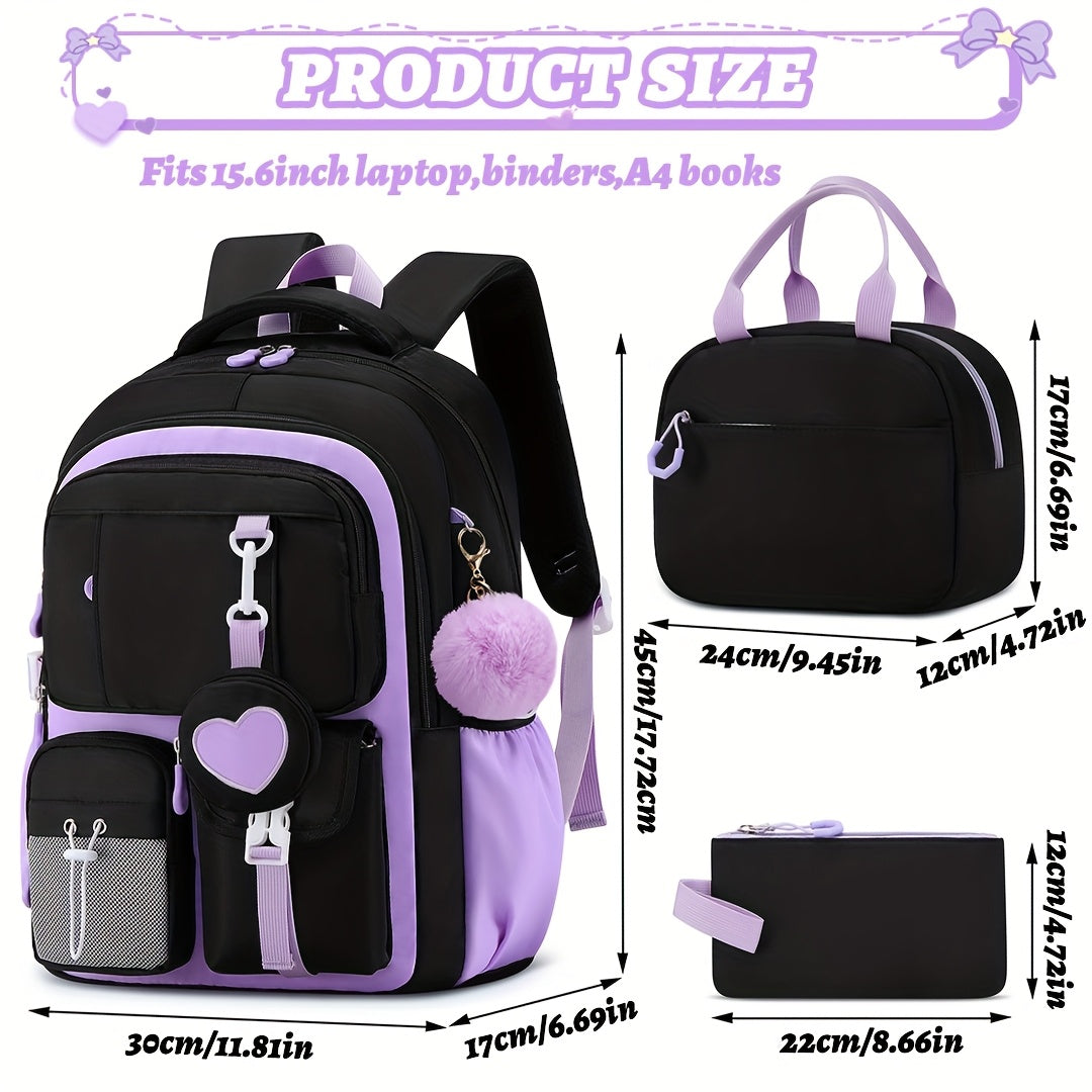 [Heart-Shaped Backpack Set] 3pcs Heart-Shaped Casual Backpack Handbag Set | Fashionable Black with Purple, 15.6-Inch Laptop Backpack, Large Capacity Multiple Compartments, Beach Outdoor Camping Travel Bag with Trolley Sleeve,