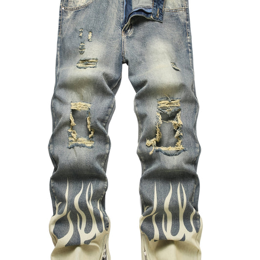 Men'S Streetwear Loose Fit Straight Leg Jeans with Distressed Details, Golden Zipper & Button Closure, All-Season Casual Pants for Teens, Allseason Jeans | Streetwear Style | Nonstretch Fabric