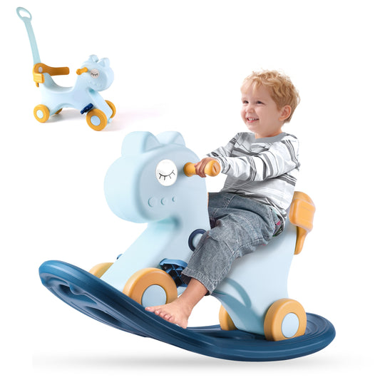 4-in-1 Rocking Horse & Rocker with Safety Push Handle - Interactive Ride-On Toy with Moving Base, Soft Cushioned Seat & Sturdy Frame for Toddlers 1-3 Years Old - Blue & Multicolor Kids Rocking Horse for Boys & Girls, Birthday