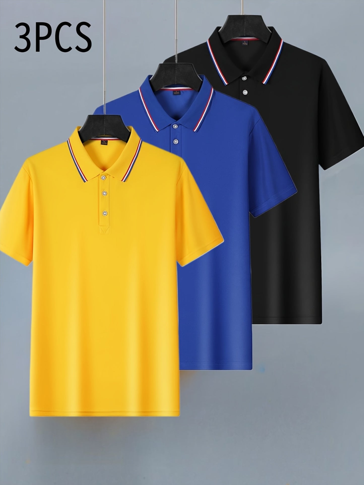 [Fashion Polo Shirts] 3pcs Teen Fashion Polo Shirts | Short Sleeve, Solid Color, Regular Fit, Half Placket, Rib-Knit Details, Medium Stretch, Summer Casual Wear, Conventional Lapel Collar, Regular Sleeve Length, for Weekend C
