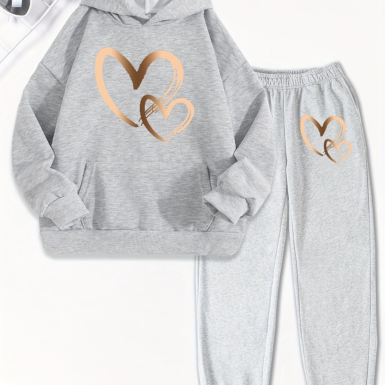 Girls 2pcs Print Hooded Sweatshirt & Letter Print Jogger Pants Set Kids Clothes For Gift, Sports, for Outdoor