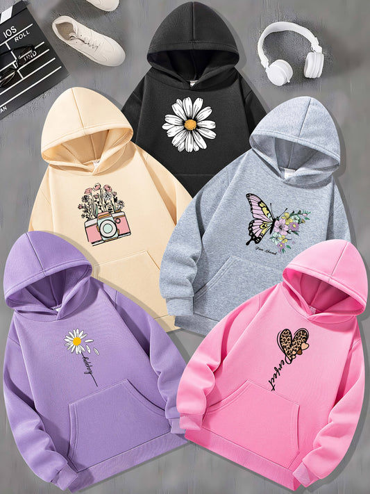 5-Pack Girls' Autumn Winter Fashion Casual Long Sleeve Hoodies with Hopeful Floral & Butterfly Print, Solid Color Hooded Sweatshirts with Applique Details, Regular Fit with Pockets for Fall/Winter - Perfect for Casual Attire,