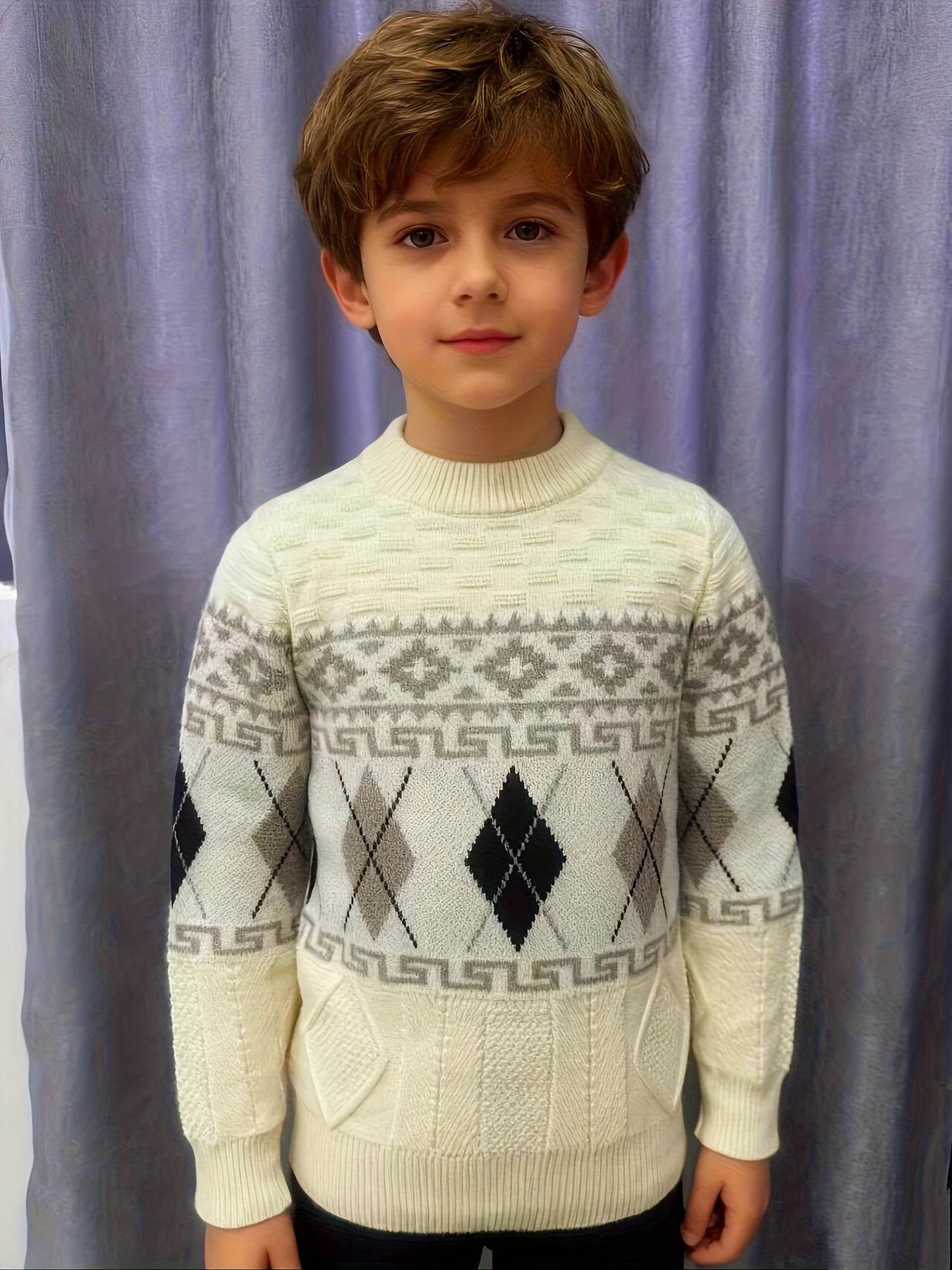 [Boys' Geometric Pullover] Boys' Sweater - Beige, Black & White Geometric Pattern Pullover, Sleeve Round Neck Sweater for School, Formal & Everyday Outfits - Medium Stretch Knit Fabric - Easy Hand Wash Care - Fall/Winter Clot