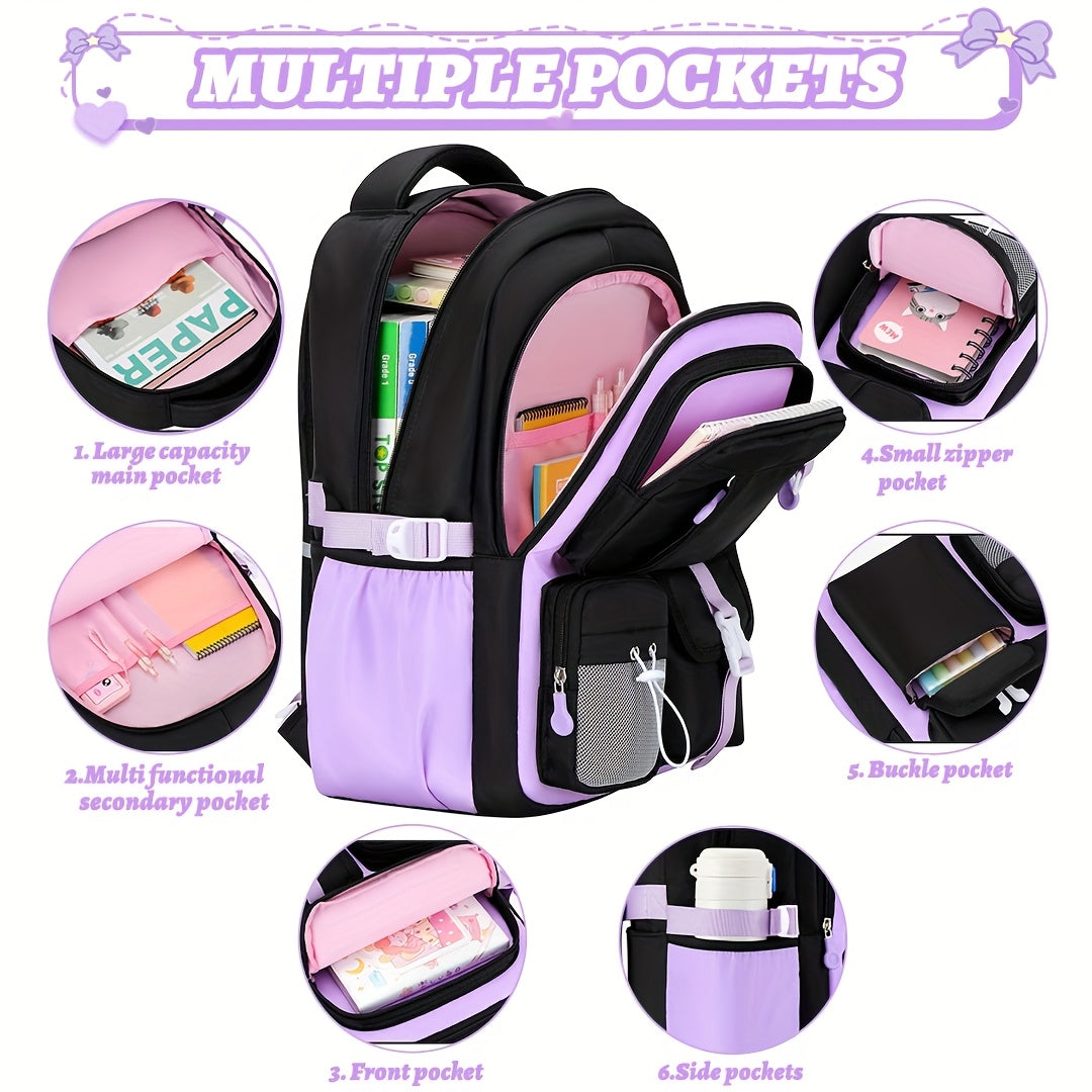 [Heart-Shaped Backpack Set] 3pcs Heart-Shaped Casual Backpack Handbag Set | Fashionable Black with Purple, 15.6-Inch Laptop Backpack, Large Capacity Multiple Compartments, Beach Outdoor Camping Travel Bag with Trolley Sleeve,