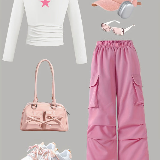 Girls' Spring and Autumn Slim Ribbed Long-Sleeve Top with Cargo Wide-Leg Pants Set, Fashionable Elegant Outfit Showcasing Child's Generous Sunny Coolness (Accessories Not Included), Perfect for