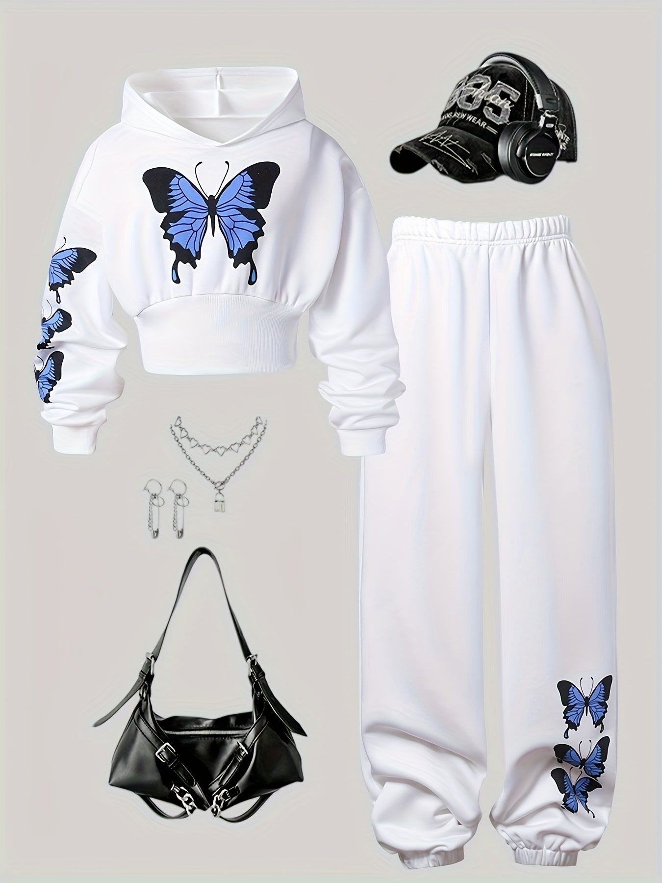 New Autumn-Winter Two-Piece Set for Older Girls: Fashionable Butterfly Print Hooded Sweatshirt with Jogger Pants, Perfect for Outdoor