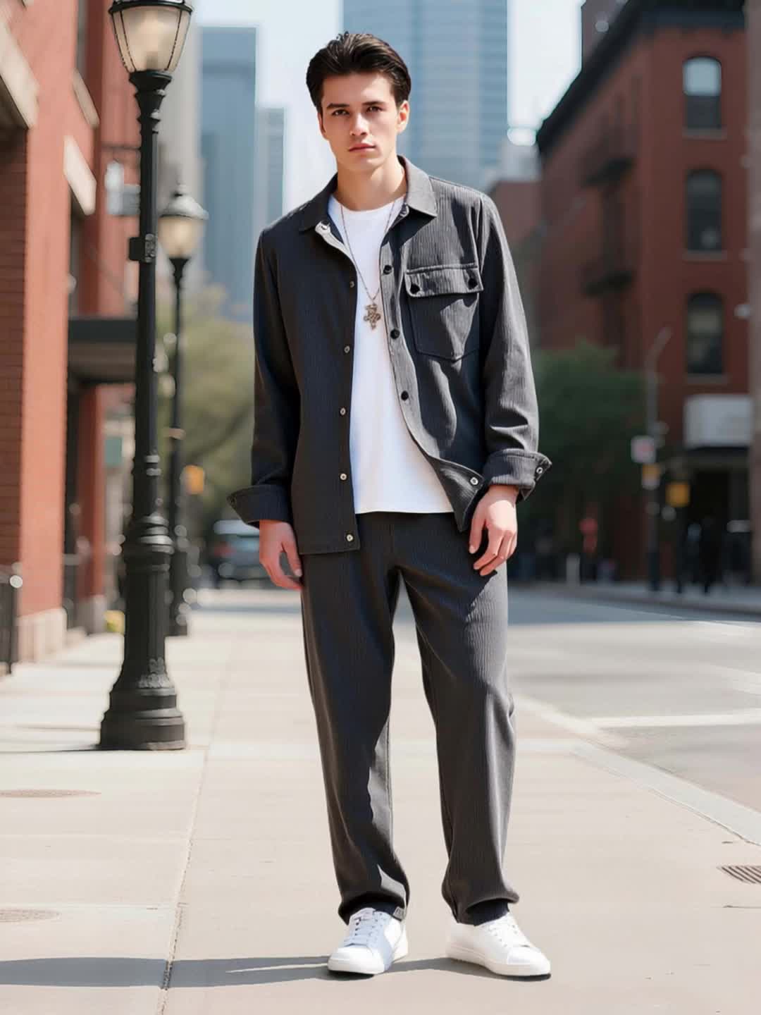 [Teen Corduroy Casual Suit] Teen Set Corduroy Casual Suit This Classic Gray Corduroy Set Features a Long-Sleeve Shirt Made of Sturdy Corduroy Fabric, Paired with Black Buttons And a Chest Pocket on The Left Side, Adorned with