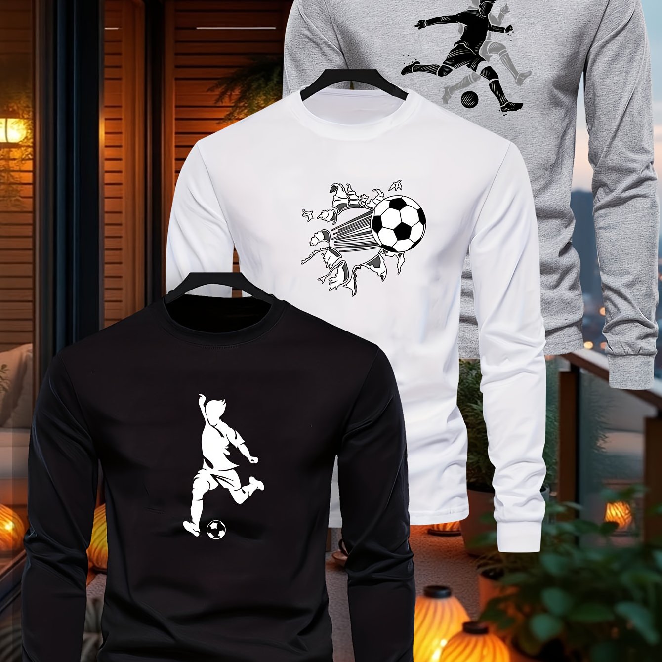 3pcs Boys' Soccer Graphic Long Sleeve T-Shirts - High-Stretch Casual Crew Neck Tops with Football Player & Ball Design, Black & Gray, Perfect for Fall, Everyday Youngsters'S Clothing, Soccer Shirts, Playful Youngsters'S Desig
