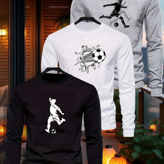 3pcs Boys' Soccer Graphic Long Sleeve T-Shirts - High-Stretch Casual Crew Neck Tops with Football Player & Ball Design, Black & Gray, Perfect for Fall, Everyday Youngsters'S Clothing, Soccer Shirts, Playful Youngsters'S Desig