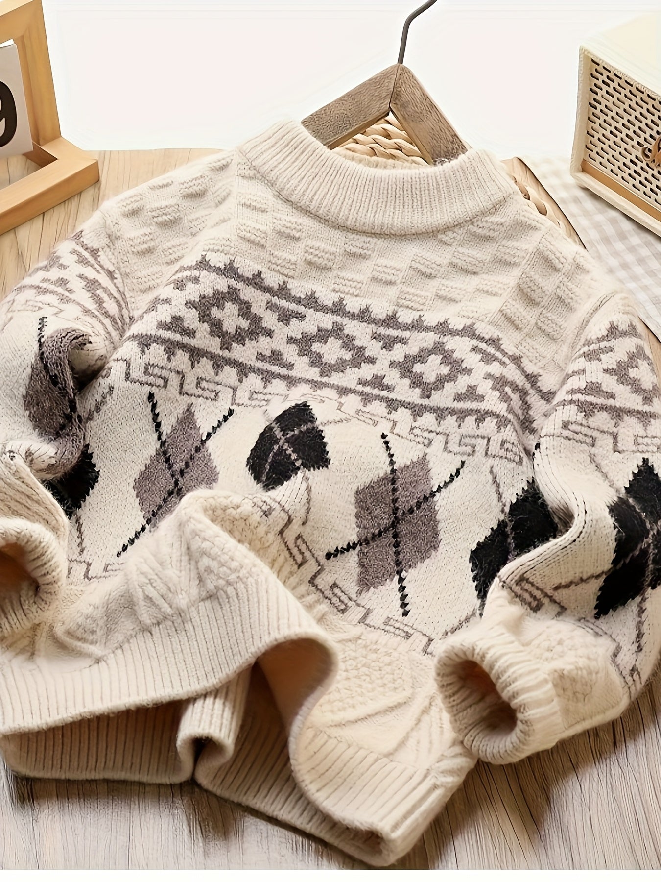 [Boys' Geometric Pullover] Boys' Sweater - Beige, Black & White Geometric Pattern Pullover, Sleeve Round Neck Sweater for School, Formal & Everyday Outfits - Medium Stretch Knit Fabric - Easy Hand Wash Care - Fall/Winter Clot