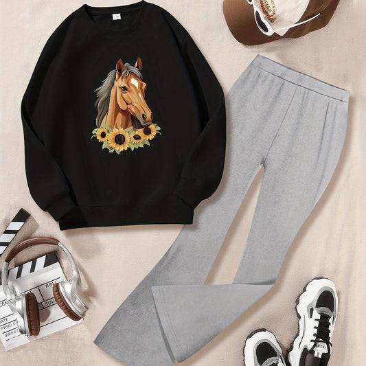 Girl's Fashionable Set With Horse And Sunflowers Graphic Printed Long Sleeve Crew Neck Sweatshirt & Knitted Bell-bottom Pants, Girl's Autumn And Winter Set, Ideal For Daily And Outdoor Wear
