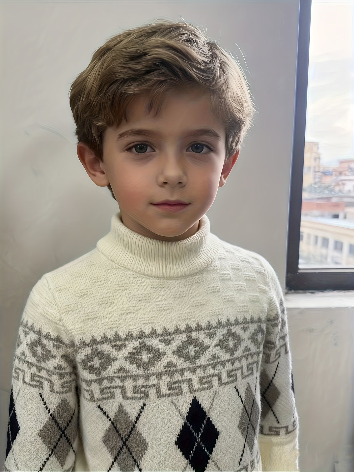 [Boys' Geometric Pullover] Boys' Sweater - Beige, Black & White Geometric Pattern Pullover, Sleeve Round Neck Sweater for School, Formal & Everyday Outfits - Medium Stretch Knit Fabric - Easy Hand Wash Care - Fall/Winter Clot