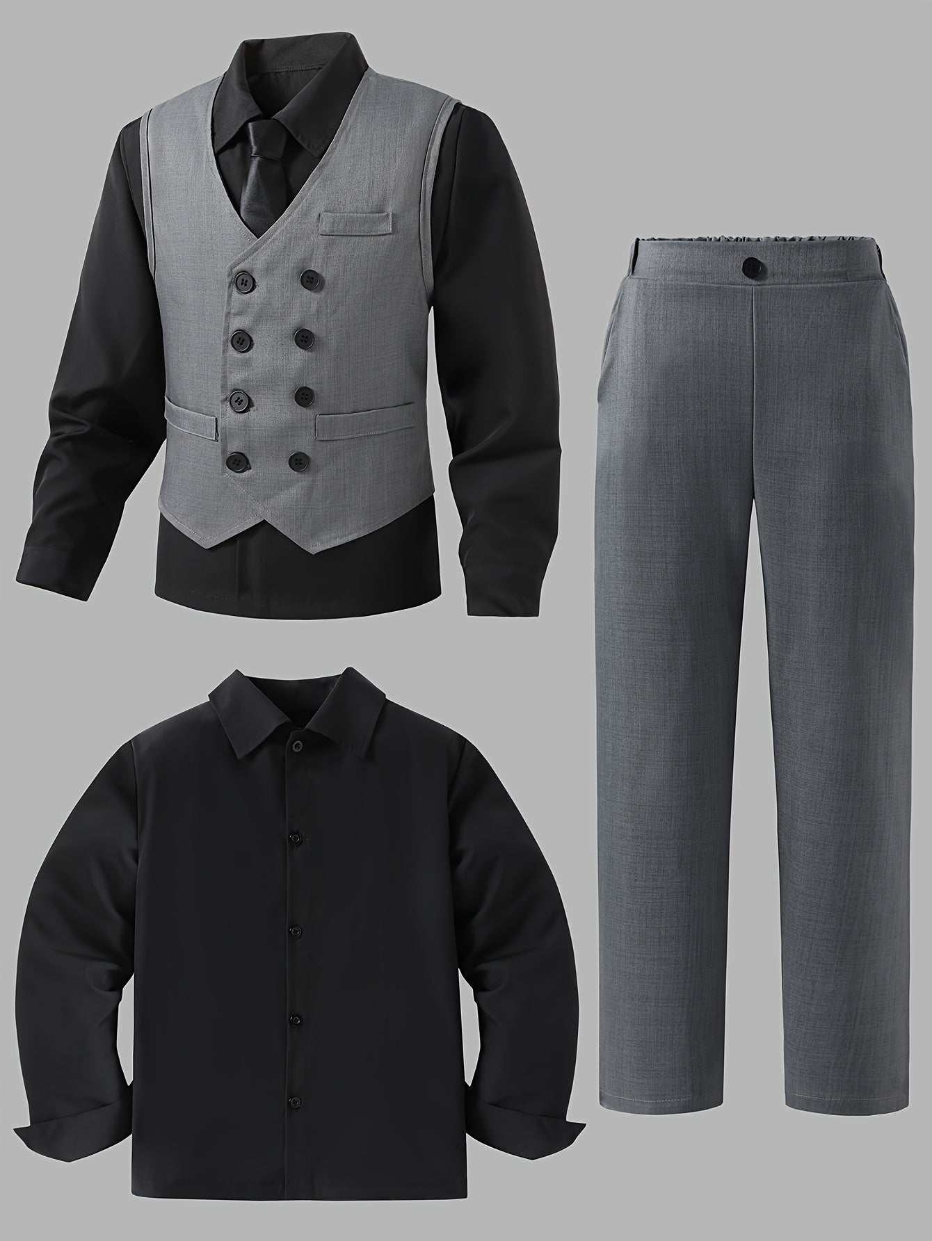 3pcs Formal Suit for Teens - Dark Gray Business Attire with Notch Lapel Blazer, Dress Shirt & Dress Pants - Button-Front Closure, Non-Stretch Fabric - Formal Events, Weddings, Interviews - Elegant Teen Formal Wear, Teen Boy D