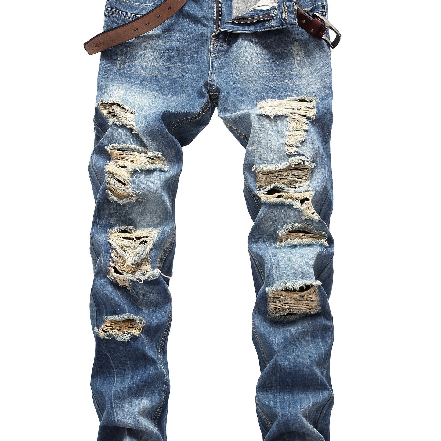 Men's Light Blue Slim-Fit Ripped Jeans - Distressed Streetwear Denim with Pre-Designed Tears, Machine Washable & Built- Zipper for Easy Wear, All-Season Casual Pants for Teens & Young Adults, Teenage Fashion, Streetstyle Clot