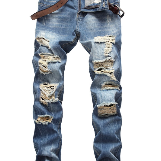 Men's Light Blue Slim-Fit Ripped Jeans - Distressed Streetwear Denim with Pre-Designed Tears, Machine Washable & Built- Zipper for Easy Wear, All-Season Casual Pants for Teens & Young Adults, Teenage Fashion, Streetstyle Clot