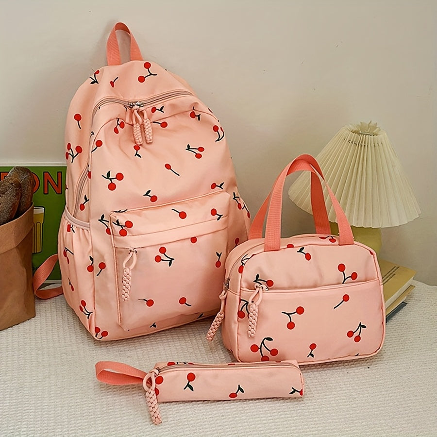 Three-Piece Set: Cherry Backpack, Handbag & Pencil Case - Cute Japanese-Inspired Large Capacity Lightweight School Bag for College Students, Random Print Design