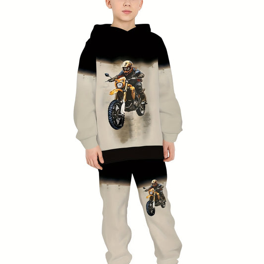 Boys' handsome motorcycle 3D printed long sleeved pants hooded sweatshirt set, boys' spring and autumn sportswear, casual versatile pullover suitable for boys' outdoor sports, suitable as a gift, Perfect for Outdoor