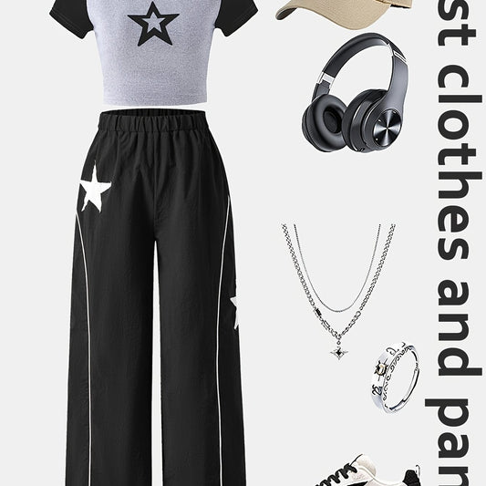 2pcs: Teenage Girl Five-pointed Star Shoulder Sleeve Round Neck T-shirt and Braided Contrast Color Rope Star Badge Black Wide Leg Pants Set, Girl's Casual Outdoor Sports Comfortable T-shirt and Pants Set, Suitable for Girls