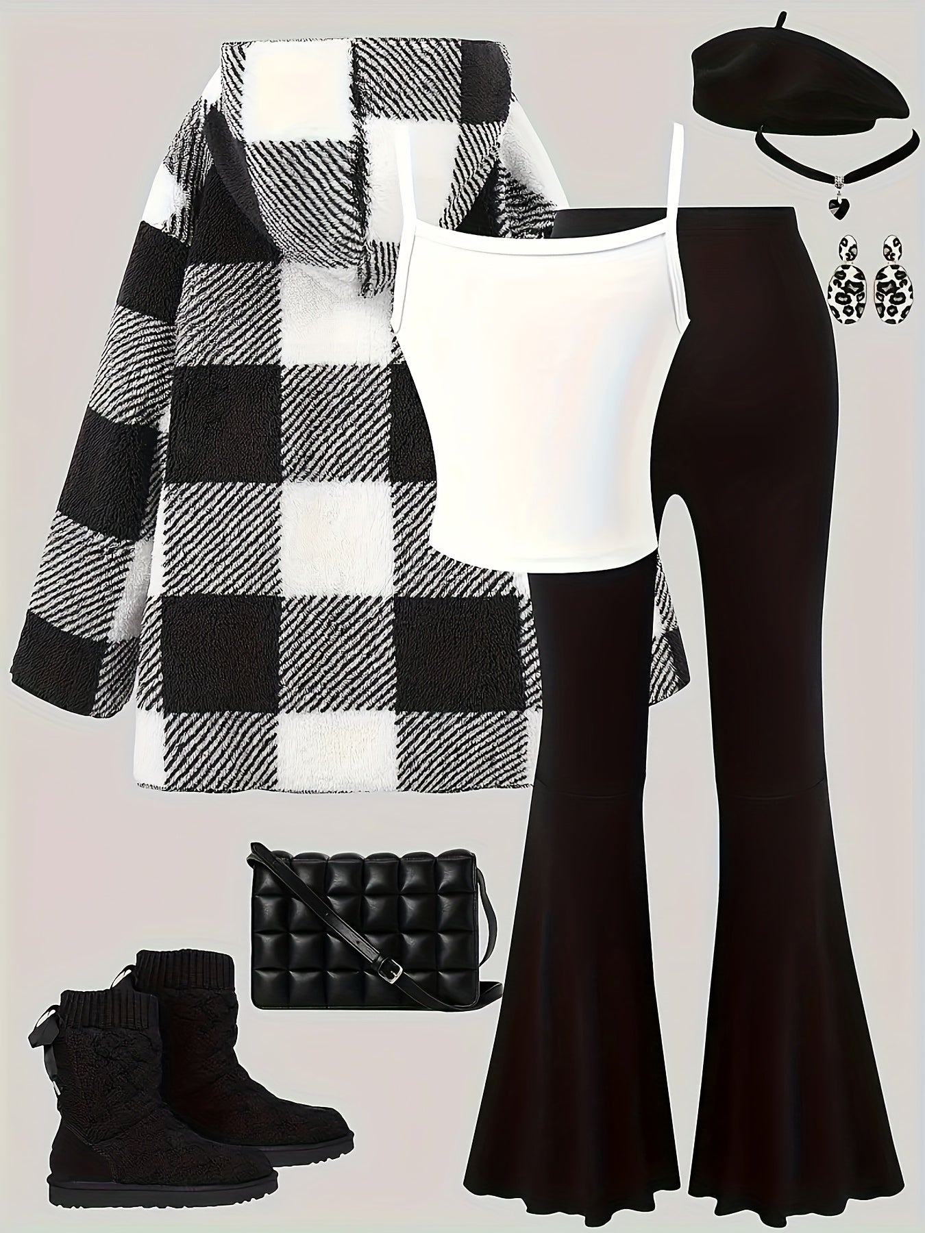 Three-Piece Black and White Plaid Long Sleeve Jacket with White Camisole Top and Black Flared Pants Set for Young Girls, Autumn-Winter Fashion Casual Outfit Suitable for Outdoor Leisure Activities (Excludes Bags and Shoes), P