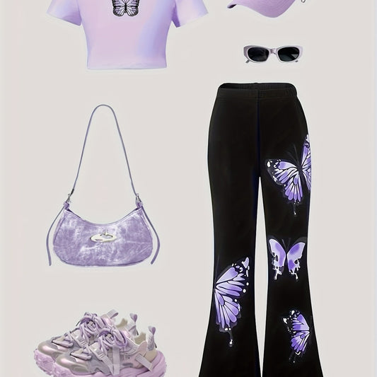 Highly Rated Girls' Fashion Set Round Neck Short Sleeve Butterfly Print Top + Versatile Black Flare Pants with Irregular Butterfly Print Long Pants Elegant and Romantic Gift Choice Spring/Summer Essential Set without Accessor