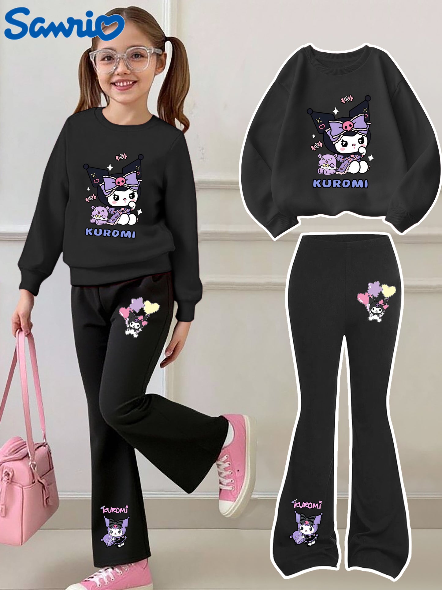[Casual Sweatshirt] 2pcs Casual Kuromi Pattern Print Round Neck Long Sleeve Sweatshirt + Flared Pants Set | Girls' Fashion, Suitable for Outdoor Play and Leisure Wear, Perfect for Birthday Gifts