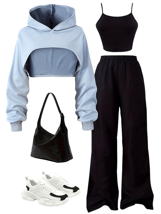 Fashion Irregular Cropped Hooded Sweatshirt with Camisole + Casual Pants Set, Perfect for Outdoor