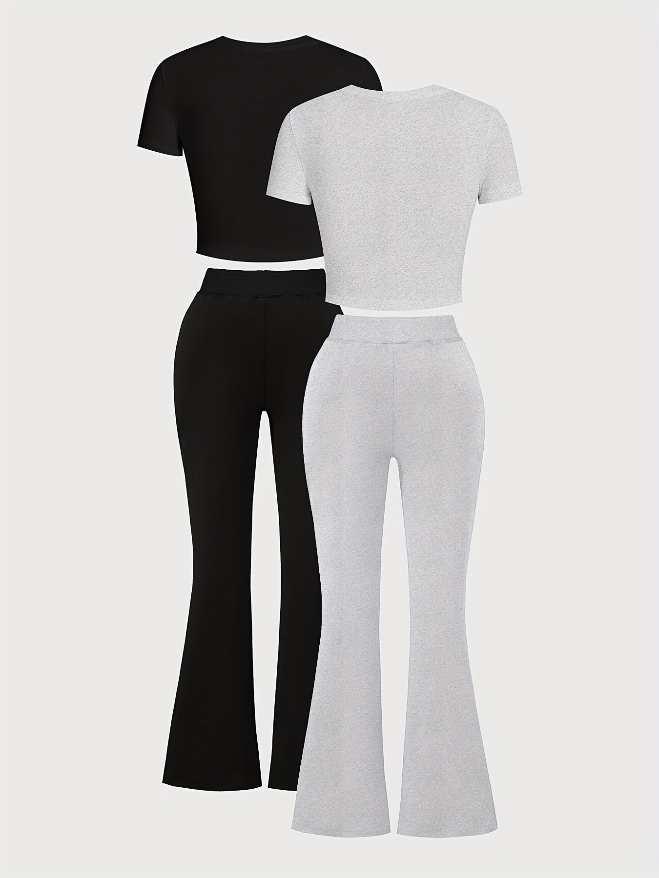 Tween Girls' Four-Piece Pants Set, Classic Black and Grey Short Sleeve T-Shirt, Stretch Flare Leggings, Slim Fit, Perfect for Outdoor Wear, Creative Gift Idea, Ideal Present for Kids, Spring/Summer, Perfect for Outdoor