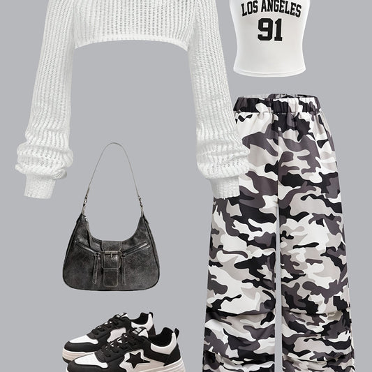 3pcs Y2K Streetwear Set for Teens - Asymmetrical Neck Long Sleeve Crop Top, Camo Print Vest & Cargo Pants - Casual Spring/Fall Outfit with Drop Shoulder Design, Regular Fit, No Chest Pad, Perfect for Casual Attire, Casual Att