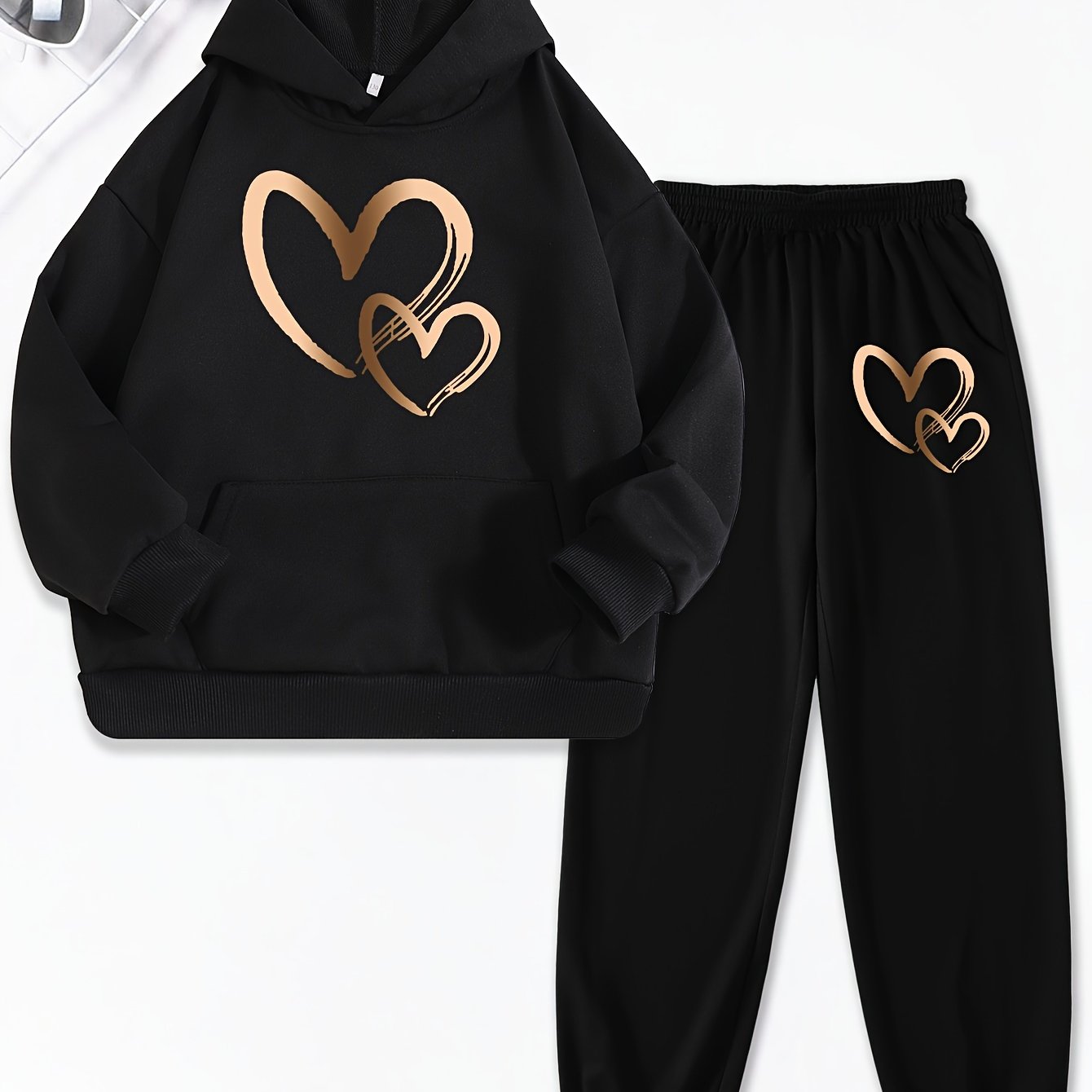 Girls 2pcs Print Hooded Sweatshirt & Letter Print Jogger Pants Set Kids Clothes For Gift, Sports, for Outdoor