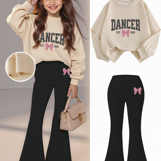 2pcs Girls' Fashion Sweatshirt + Flare Pants Style | Letter Bow Print | Urban Walking + Autumn + Fashion | Trendy Autumn Suit, Perfect for Outdoor