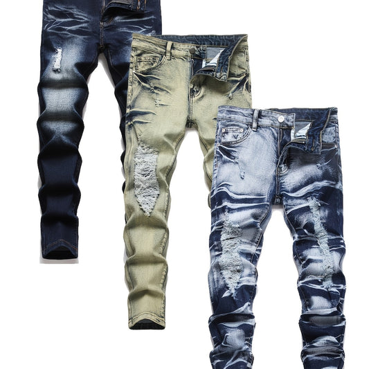 [3pcs Of Jeans] Boys' Retro Distressed P'd Slim Fit Washed Denim Jeans, Boys' Casual Multi Piece Jeans, All Season Collection