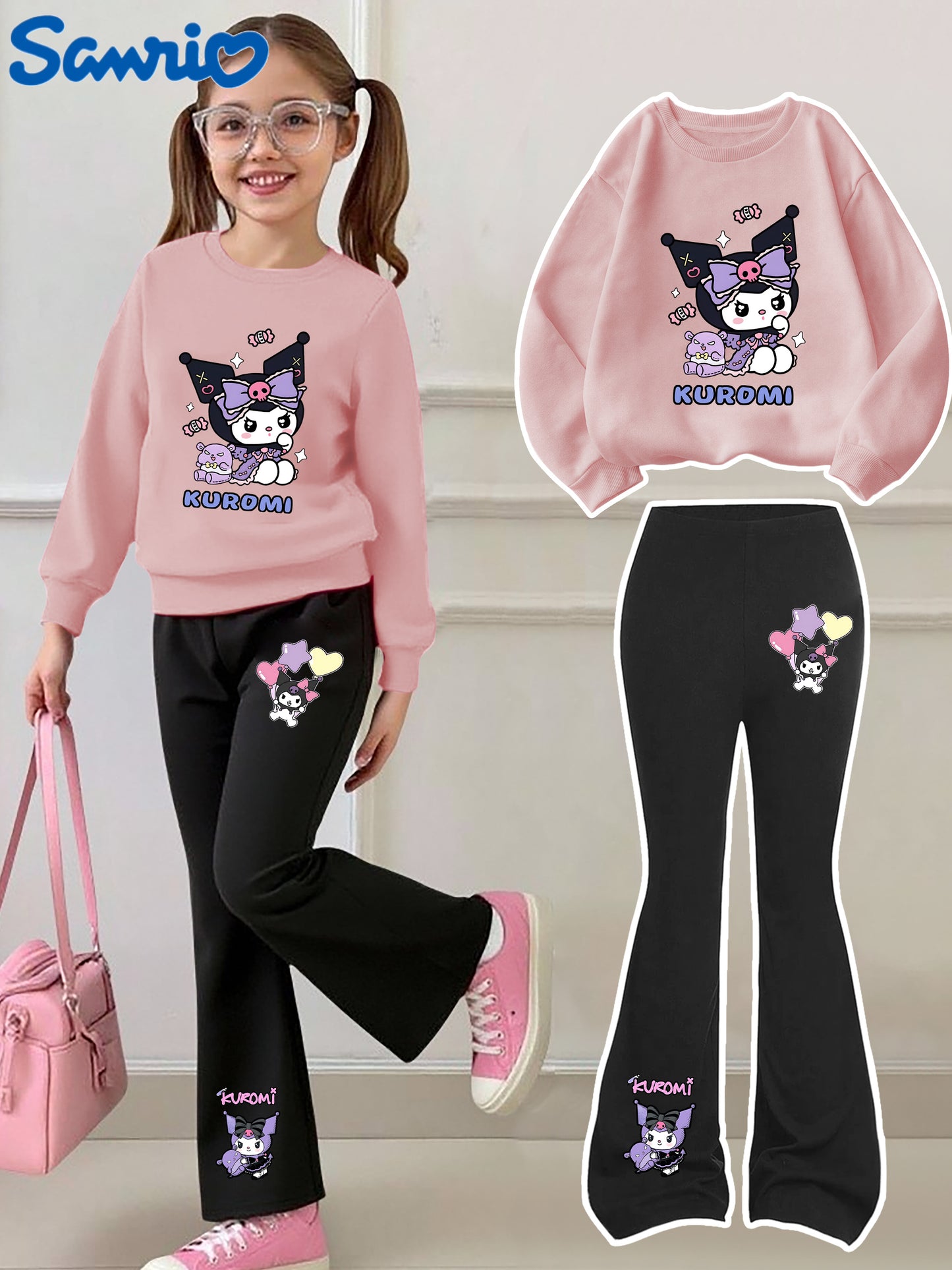[Casual Sweatshirt] 2pcs Casual Kuromi Pattern Print Round Neck Long Sleeve Sweatshirt + Flared Pants Set | Girls' Fashion, Suitable for Outdoor Play and Leisure Wear, Perfect for Birthday Gifts
