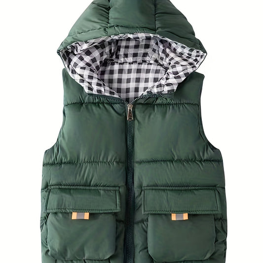 Youth Red Hooded Vest with Large Pockets - Warm Loose Fit Casual Jacket for Fall/Winter, Polyester Filled, Adjustable Hood, Perfect for Outdoor Play, Winter Clothing, Playful Design, Durable Fabric