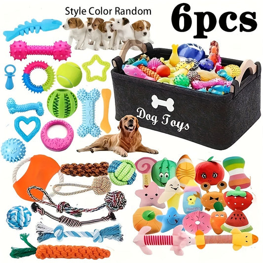 Pawsome Pals 6/12pcs Interactive Dog Toy Set - Durable Cartoon Pattern Fabric Chew Toys for All Breed Sizes - Teeth Cleaning & Training Play Set with Knot Toys, Squeakers & Balls