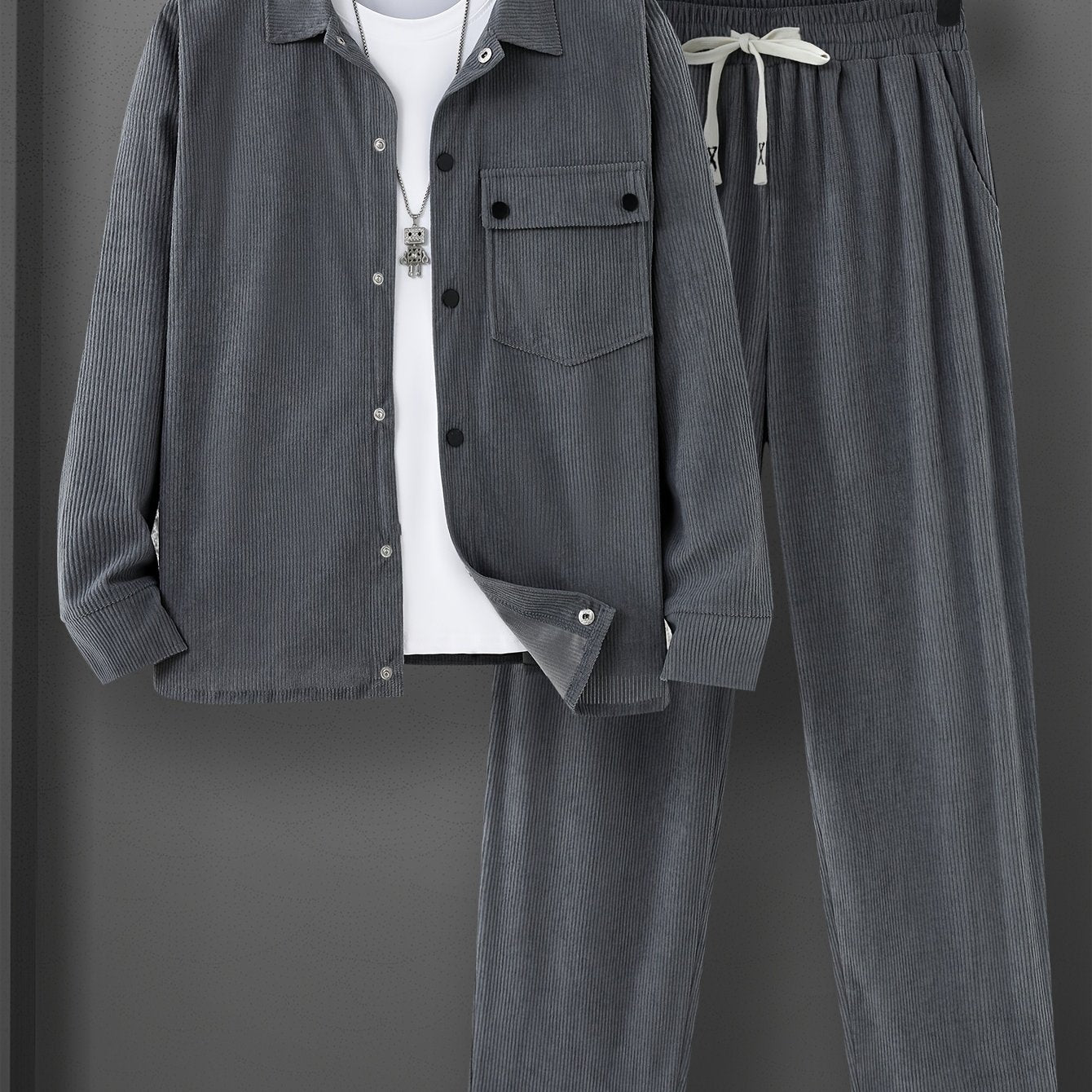 [Teen Corduroy Casual Suit] Teen Set Corduroy Casual Suit This Classic Gray Corduroy Set Features a Long-Sleeve Shirt Made of Sturdy Corduroy Fabric, Paired with Black Buttons And a Chest Pocket on The Left Side, Adorned with