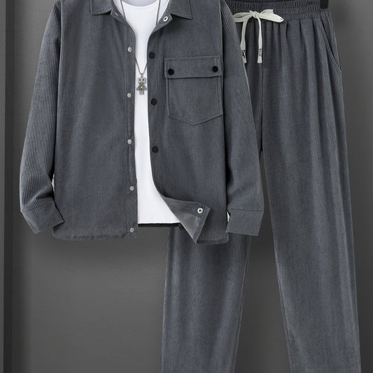 [Teen Corduroy Casual Suit] Teen Set Corduroy Casual Suit This Classic Gray Corduroy Set Features a Long-Sleeve Shirt Made of Sturdy Corduroy Fabric, Paired with Black Buttons And a Chest Pocket on The Left Side, Adorned with