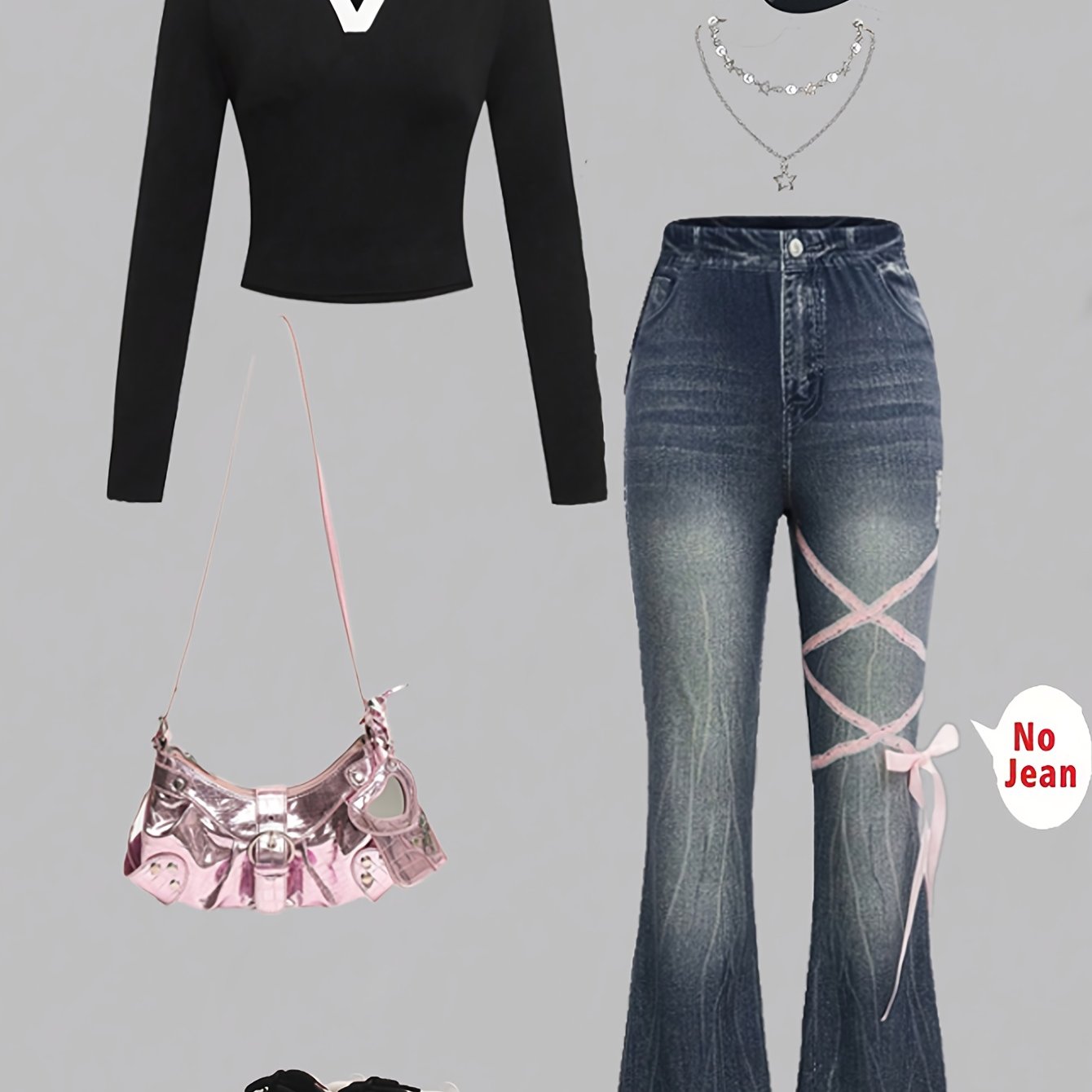 Spring/Fall Fashion for Young Girls: Stylish Long-Sleeve Top with Contrast Collar and Bow Tie, Paired Imitation Denim Pants Suitable Casual Outings Parties, Fall Wardrobe, Casual Attire, Trendy Outfit, Durable Material, Soft