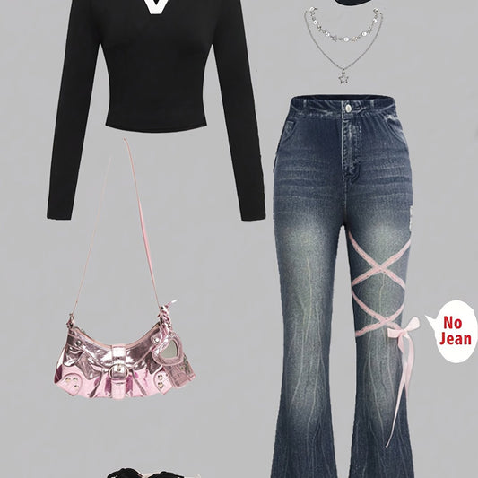 Spring/Fall Fashion for Young Girls: Stylish Long-Sleeve Top with Contrast Collar and Bow Tie, Paired Imitation Denim Pants Suitable Casual Outings Parties, Fall Wardrobe, Casual Attire, Trendy Outfit, Durable Material, Soft