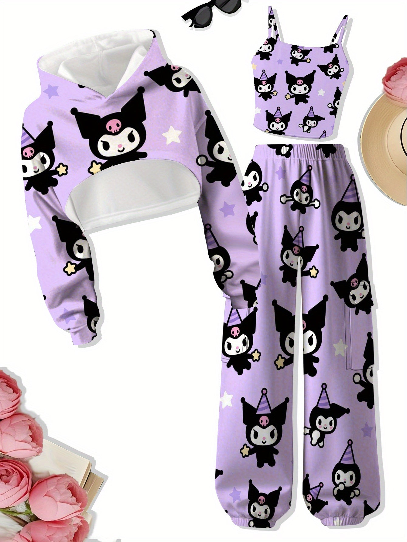 Sanrio Digital Fashion Fantasy Cute Holiday Spring Autumn Winter Set: Trendy Hello Kitty My Melody Big-Eared Dog Girls' Must-Have Hoodie, Tank Top & Joggers with Random Print - Outdoor Casual Sportswear Three-Piece Gift, Perf