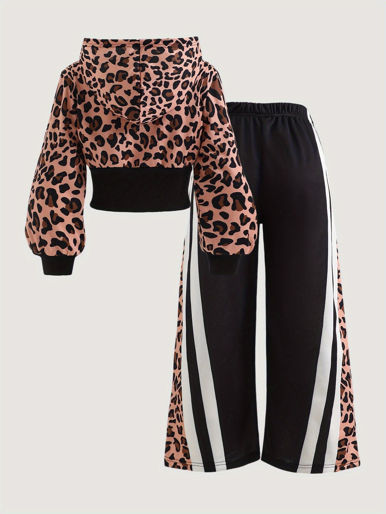 Girls' Fashion Set Two-Piece Autumn Leopard Print Hooded Long Sleeve Jacket and Wide Leg Pants Fashion Sports Two-Piece Set, Perfect for Outdoor, Perfect for, Girl Clothe, Girl Outfit, School Clothes/uniform For Girl