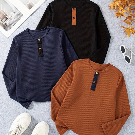 3pcs boys' solid color knitted plaid soft and comfortable long sleeved round neck top, boys' fashionable contrasting color placket button decoration long sleeved pullover - casual round neck, soft polyester blend, suitable fo