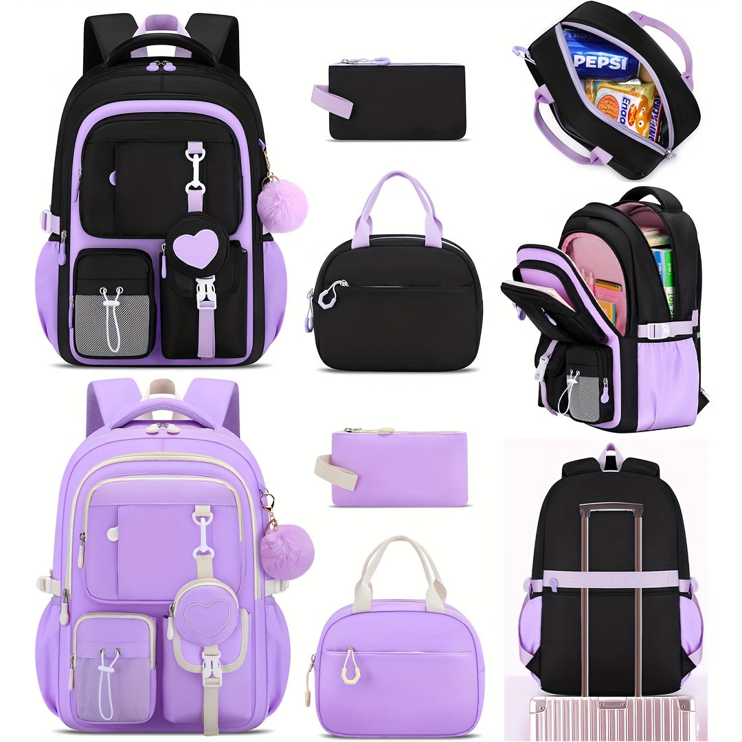 [Heart-Shaped Backpack Set] 3pcs Heart-Shaped Casual Backpack Handbag Set | Fashionable Black with Purple, 15.6-Inch Laptop Backpack, Large Capacity Multiple Compartments, Beach Outdoor Camping Travel Bag with Trolley Sleeve,