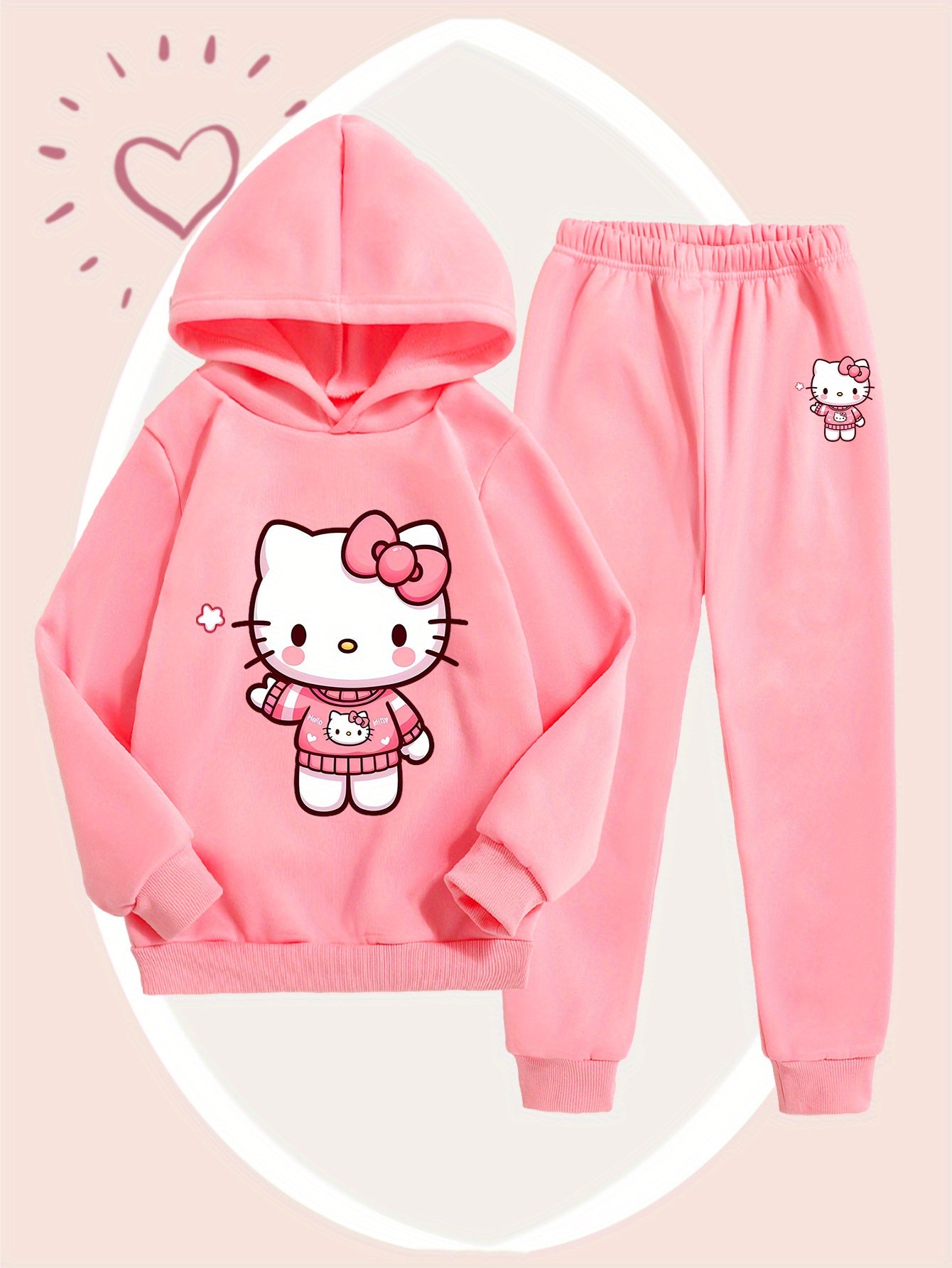 Girls' Fashion Hoodie and Pants Set - Sanrio Cartoon Print, Soft Polyester Sweatshirt with Hat for Kids, Warm & Comfortable Fall/Winter Outfit, Stylish Casual Sportswear for School or Outdoor Activities, Perfect for Outdoor