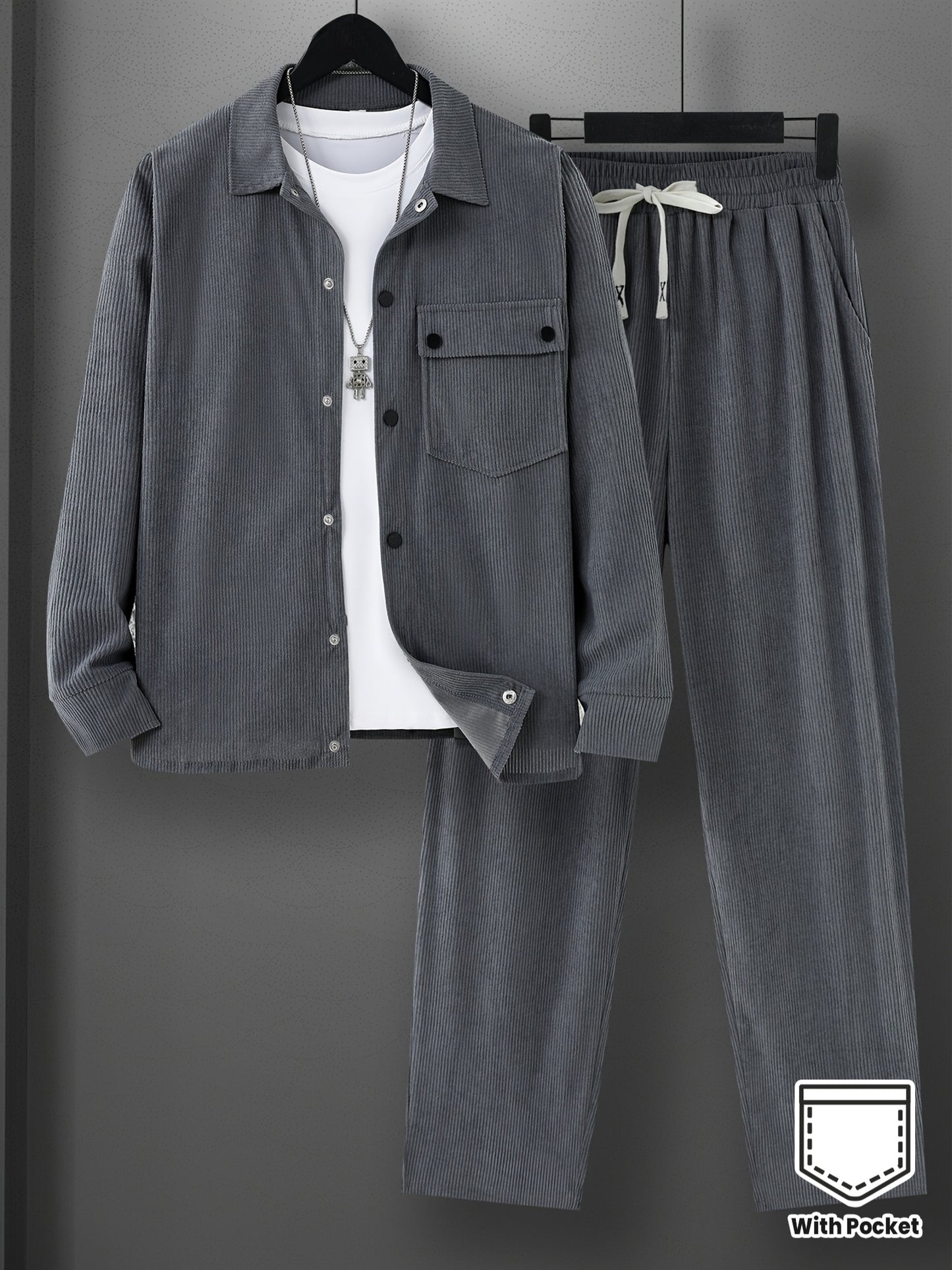 [Teen Corduroy Casual Suit] Teen Set Corduroy Casual Suit This Classic Gray Corduroy Set Features a Long-Sleeve Shirt Made of Sturdy Corduroy Fabric, Paired with Black Buttons And a Chest Pocket on The Left Side, Adorned with