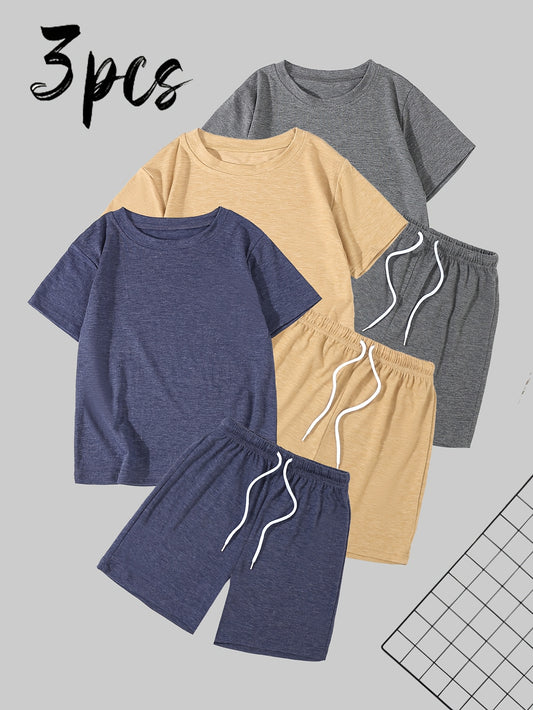 3pcs Boys' Casual Solid Color Short Sleeve and Shorts Sets, Polyester Blend, Crew Neck, Medium Stretch, Knit Fabric, with Drawstring, for Daily Wear, Sports, and Festive Occasions, Spring/Summer Season, for Outdoor
