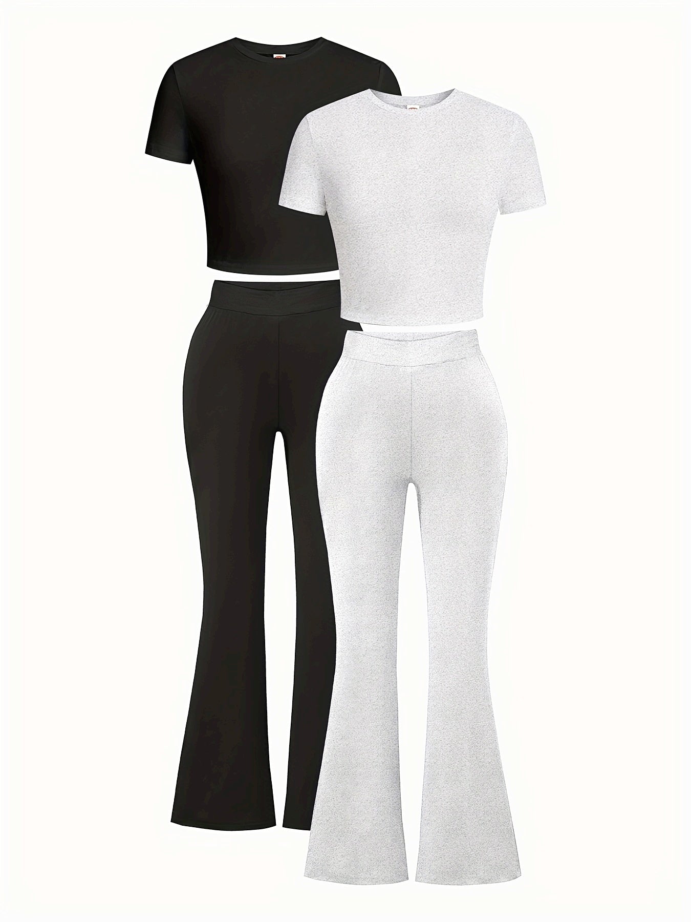 Tween Girls' Four-Piece Pants Set, Classic Black and Grey Short Sleeve T-Shirt, Stretch Flare Leggings, Slim Fit, Perfect for Outdoor Wear, Creative Gift Idea, Ideal Present for Kids, Spring/Summer, Perfect for Outdoor