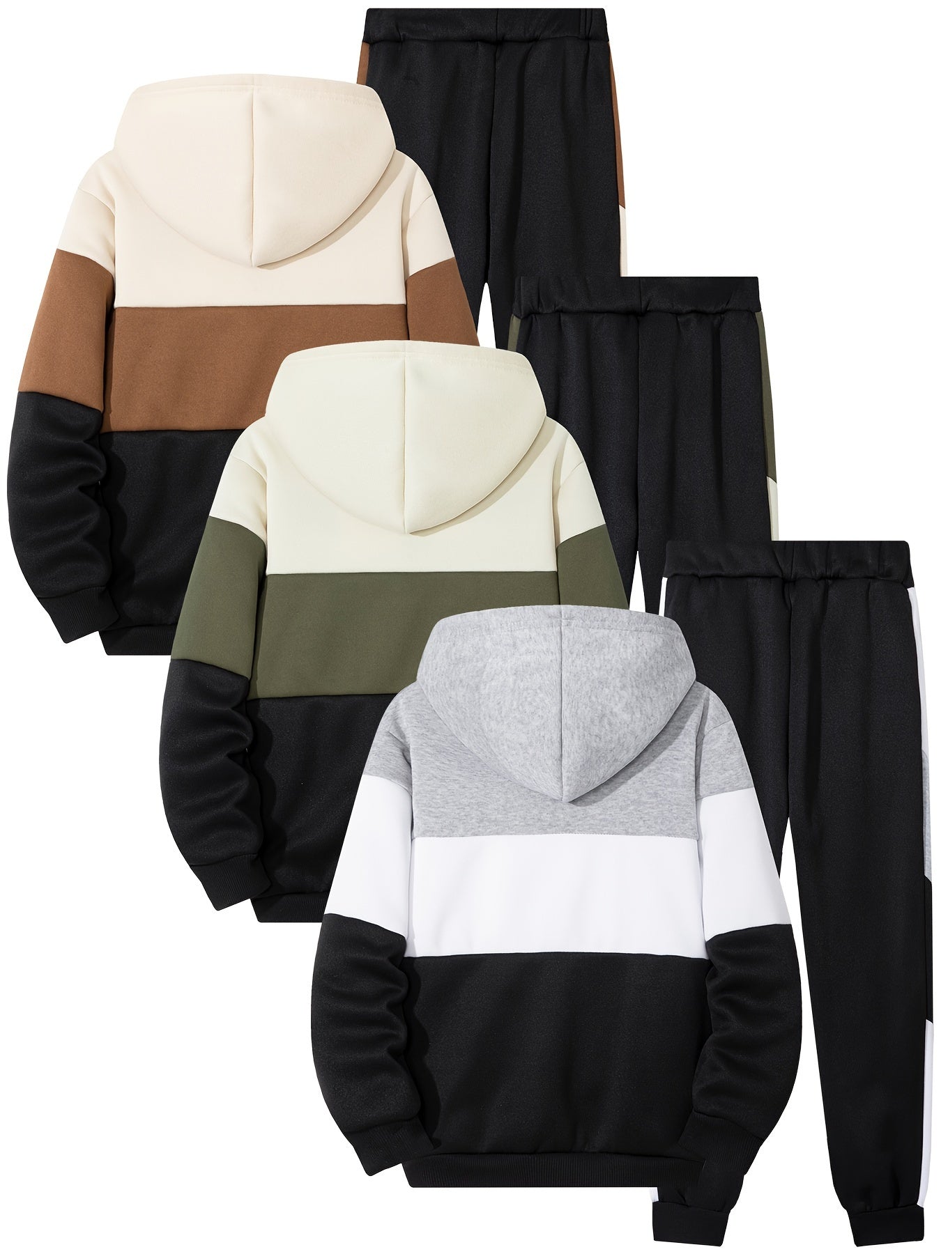 3pcs Boys' Color Block Zip-Up Hoodie & Jogger Set - Cozy Fleece-Lined Casual Outfit for Fall/Winter, Beige/Brown, Black/White, Green/Gray, Elastic Waistband, Machine Washable, Jogging Suits, Perfect for Outdoor