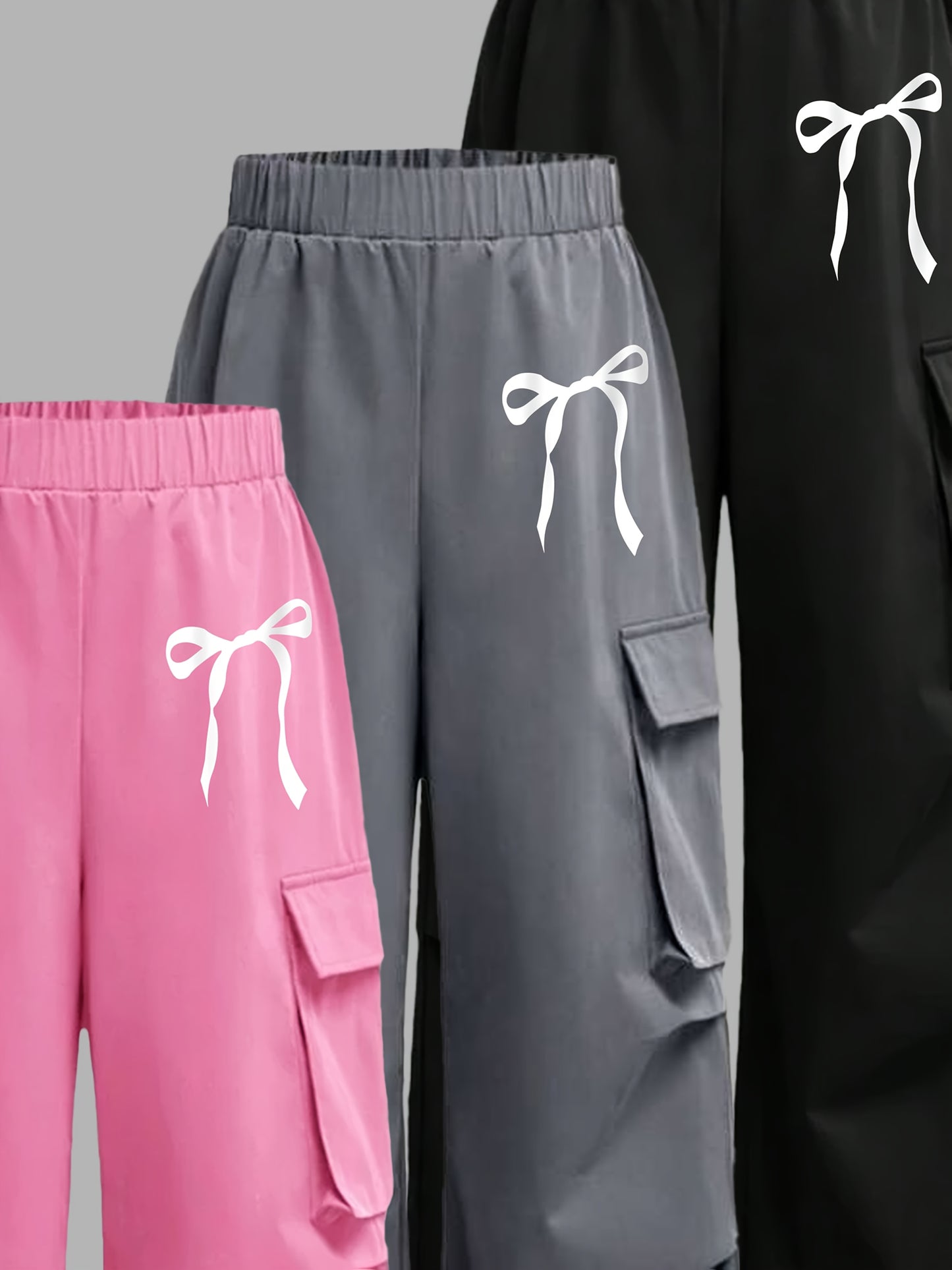 [3pcs Girls' Cargo Pants] 3pcs Girls' Cargo Pants Set | Fashion Double Pocket Design with Bow Print, Loose Fit Wide Leg Trousers for Spring/Fall, Outdoor Play and Casual Wear, Nonstretch Fabric